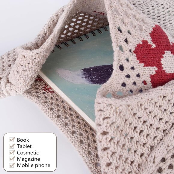 Women's Light Brown Crochet Bag Cute Mesh Summer Knitted Shoulder Beach Tote Bag - Picture 4 of 7
